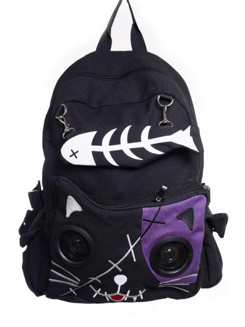 Black Cat Face Backpack with Purple Fishbone Accent